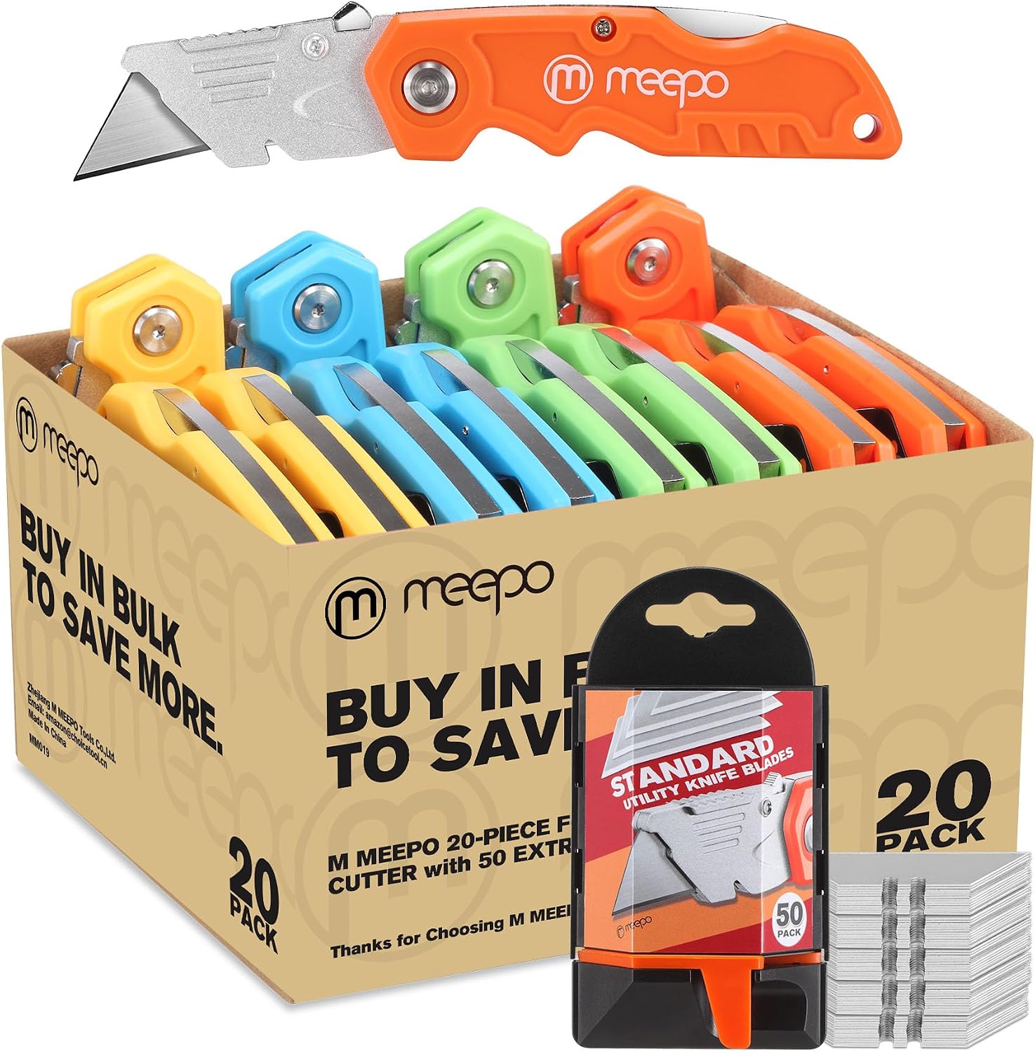 M MEEPO 20-Pack Box Cutter, Bulk Folding Utility Knife w/ 50 pcs Blade