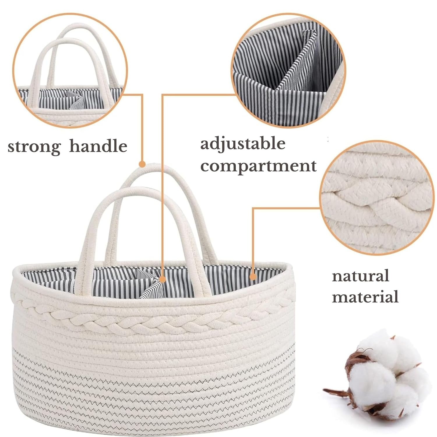 luxury little Diaper Caddy Organizer, Large Cotton Rope Nursery Baby Basket, Changing Table Organizer for Baby Diaper Storage, Portable Car Organizer Removable Divider (Off White, Large)