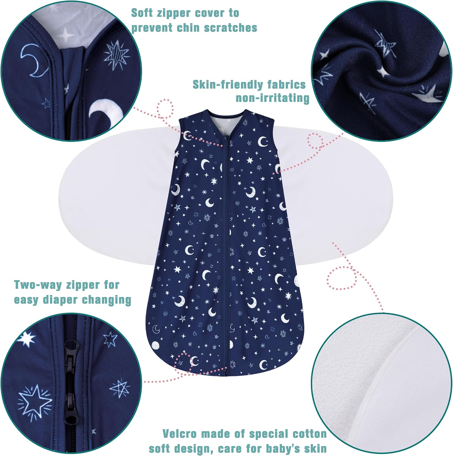 BSTOPPT Newborn Sleep Sack Baby Swaddle,3-6 Months,3-Way Adjustable Wearable Blanket,100% Rayon Cotton Swaddling sleeping bag，TOG 0.5（Clouds&Starry Sky）