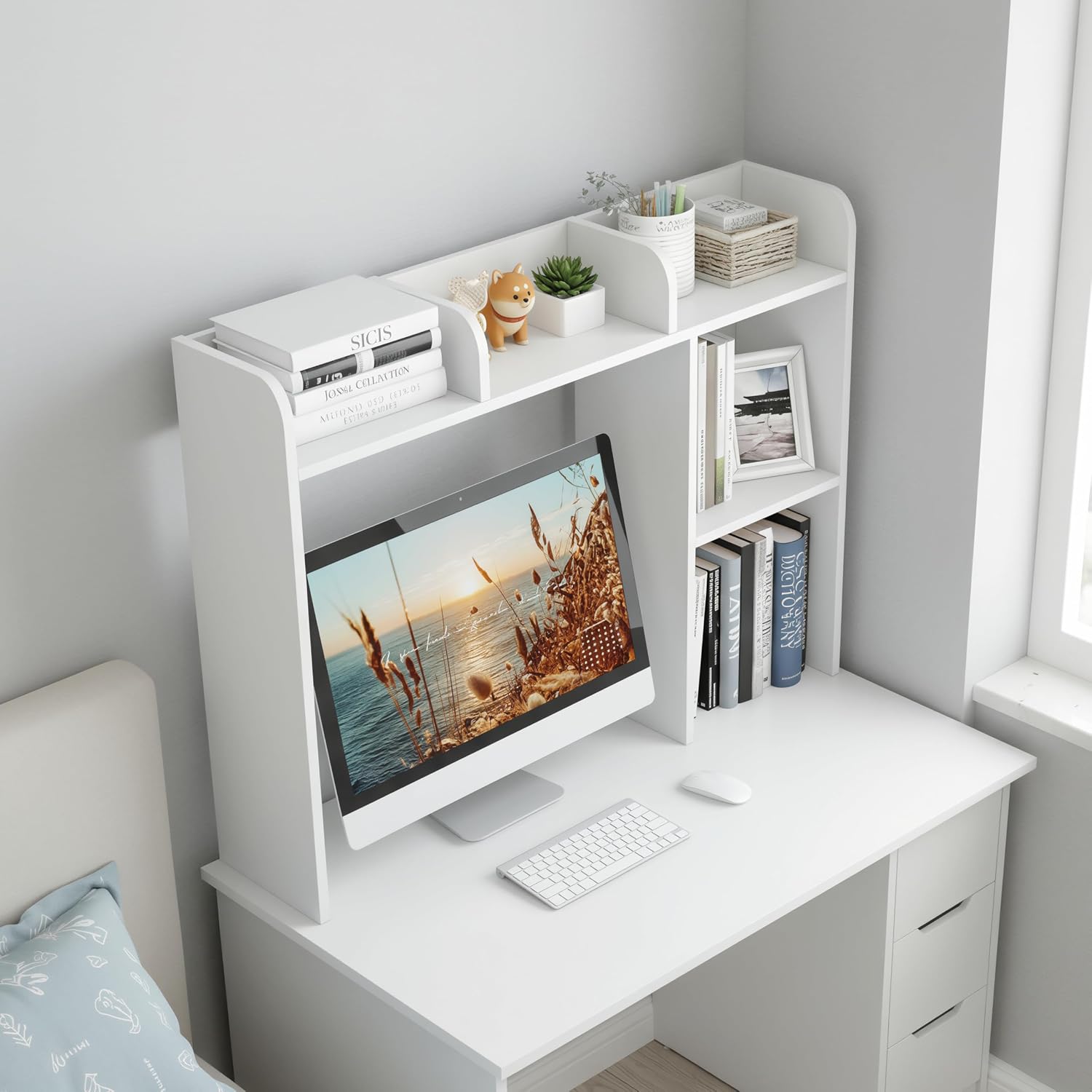 Tangkula Desktop Bookshelf, Countertop Storage Hutch with 5 Shelves for Computer Desk, Desk 3-Tier Display Rack, Multipurpose Wood Desktop Hutch Storage Organizer for Dorm Office Home