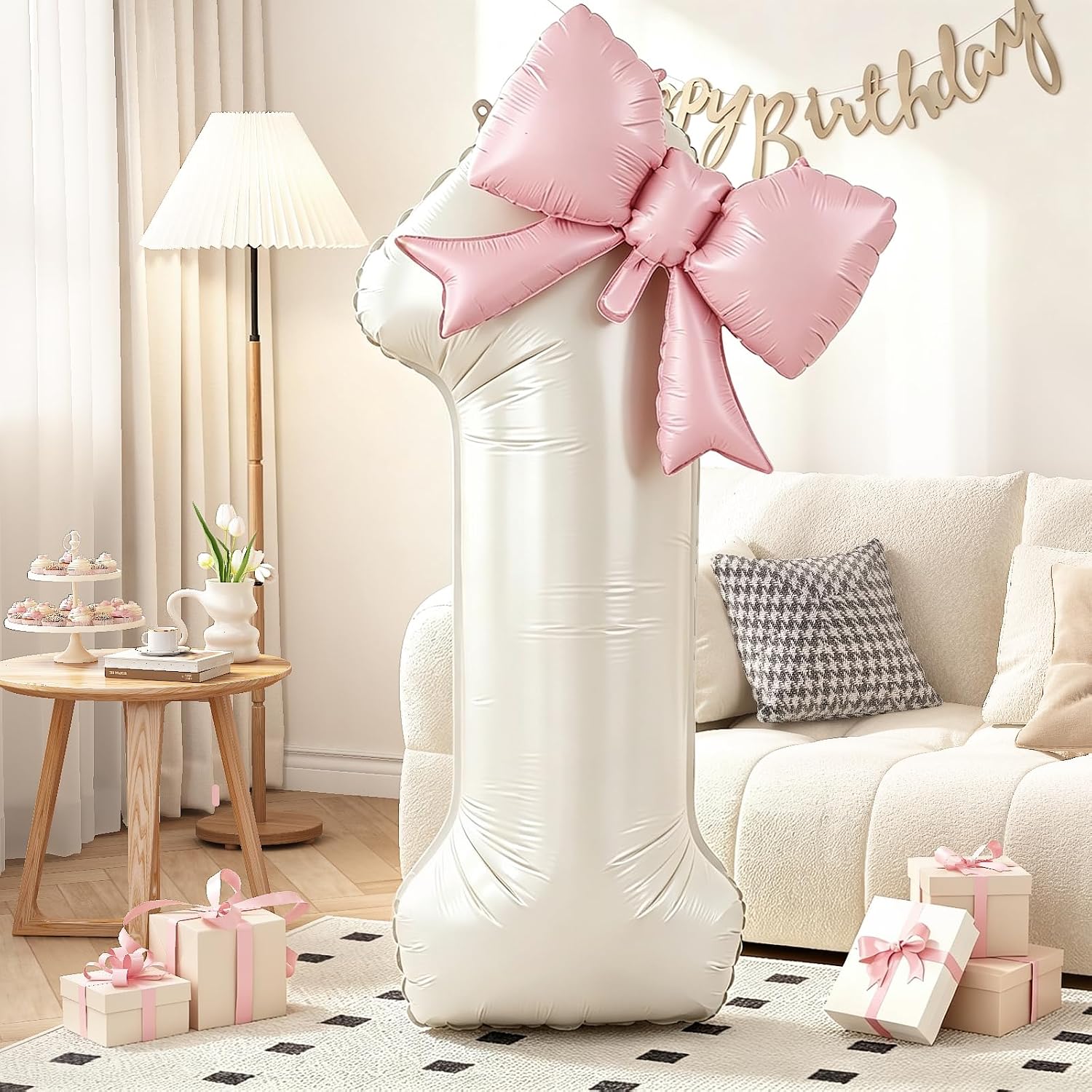 40 Inch Cream Number 1 with Pink Bow Balloon for Birthday Party Decorations