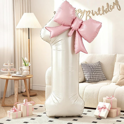 40 Inch Cream Number 1 with Pink Bow Balloon for Birthday Party Decorations