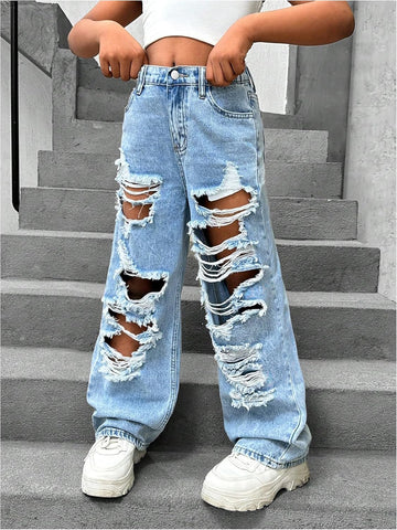 Floerns Girl's Distressed Jeans Baggy Wide Straight Leg Y2k Ripped Denim Pants