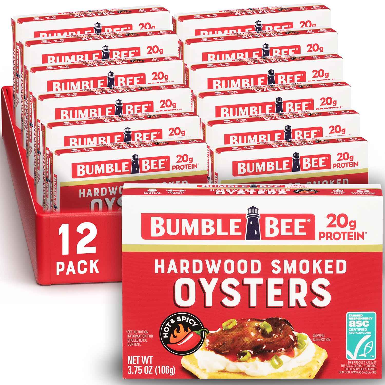 Bumble Bee Hot & Spicy Hardwood Smoked Oysters, 3.75 oz Tin (Pack of 12) - 20g Protein per Serving, Gluten Free, Keto