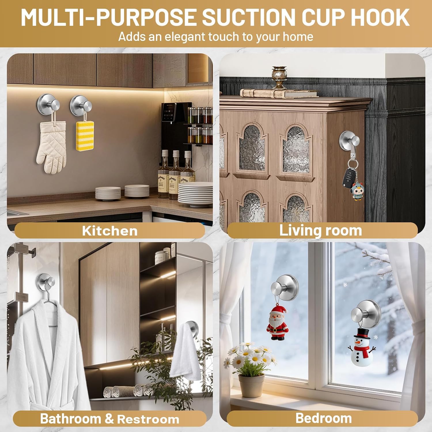 Large Suction Cup Hooks, Heavy Duty 15lb Holds Towel & Robe, No-Drill Shower Bathroom Hooks for Tile Wall Glass Mirror, Mounts on Smooth Non-Porous Surfaces (2 Pack, Brushed Nickel)
