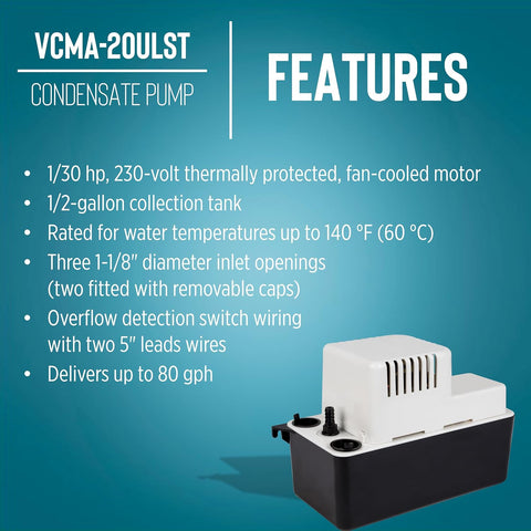 Little Giant VCMA-20ULST, 230-volt, 80 GPH, Condensate Removal Pump