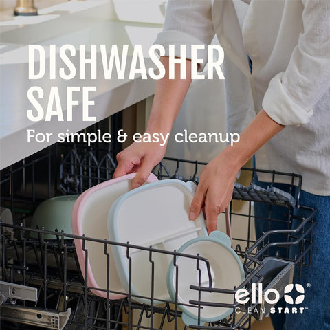 Ello Clean Start Ceramic Toddler Plates with Sleeves, 2 Pack, Dewdrop