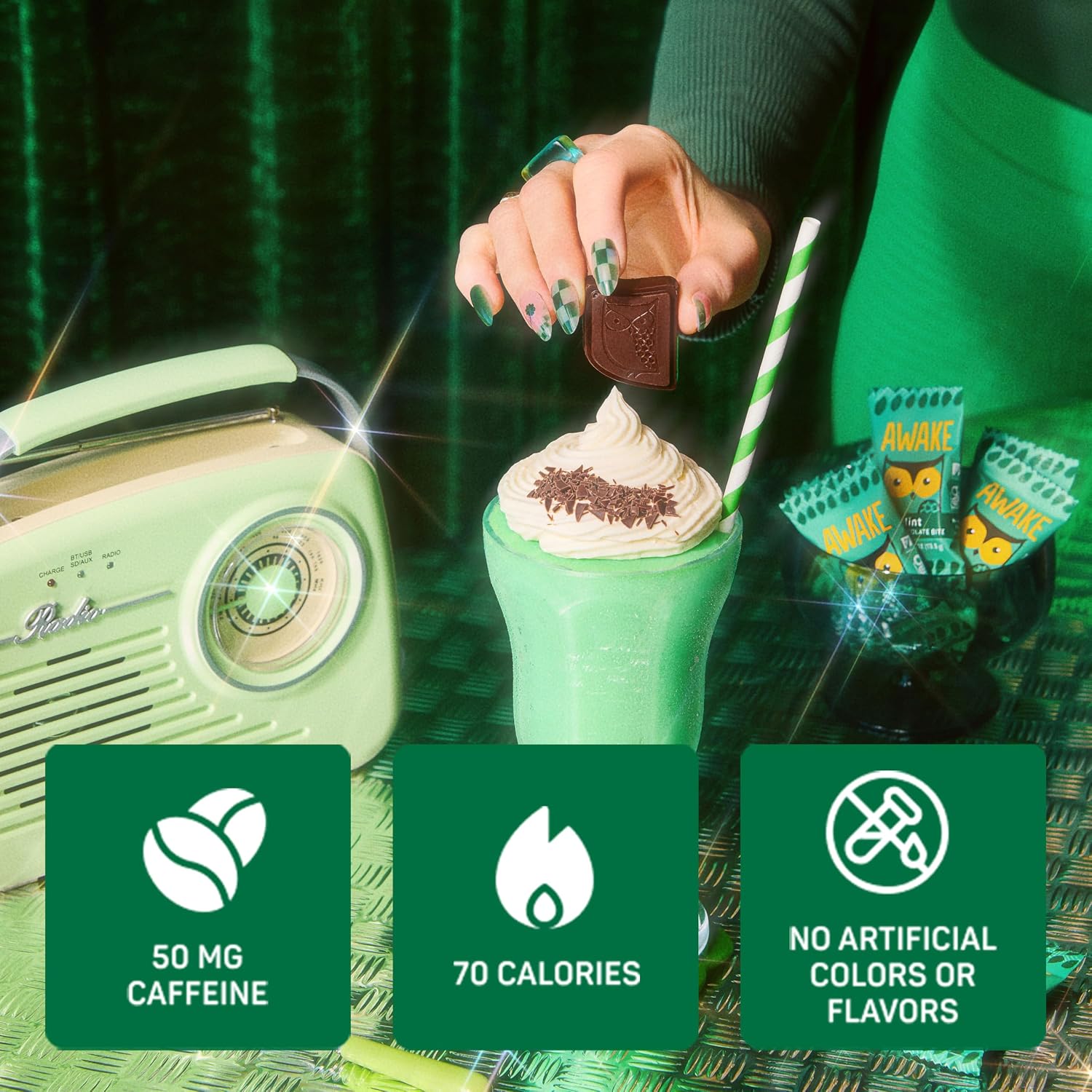 AWAKE - Caffeinated Chocolate Bites - Mint Dark Chocolate, 50 pieces - 50mg Caffeine - Individually Wrapped Energy Bites - Coffee Alternative - Fairtrade, Gluten Free, Non GMO - 0.48oz