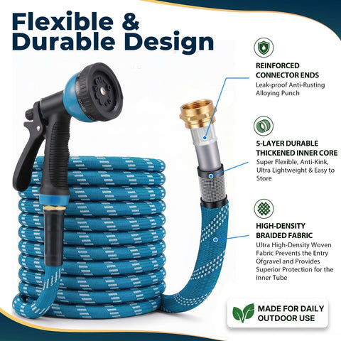 Garden Hose 100 ft, 2026 Upgraded Kink Free Flexible Water Hose 100ft With 10 Pattern Spray Nozzle, Leak-Proof, Portable, Ultra Lightweight & Durable Garden Hose for Yard, Lawn, Outdoor, Blue & White