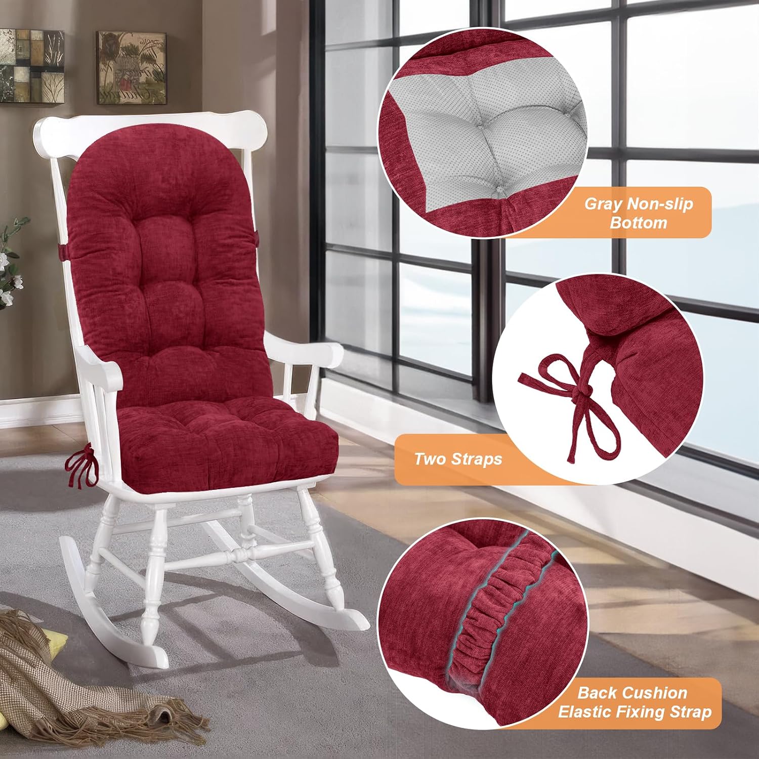 Rocking Chair Cushion - Chenille Fabric, High-Density Sponge, Durable Comfort Non-Slip Bottom Tufted Seat Pads with Ties, Chenille︱Red, 44x19x4 inch