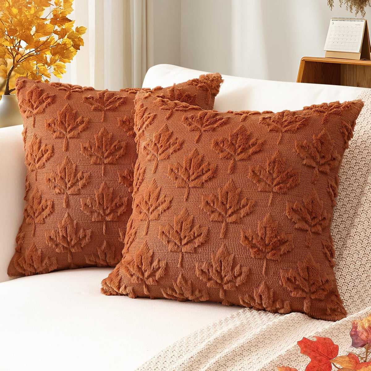 Artscope Maple Leaf Fall Pillow Covers 20 x 20 Set of 2 Decorative Autumn Harvest Holiday Throw Pillow Cases Soft Plush Faux Fur Couch Cushion Case for Farmhouse Sofa Bed Room Home Decor-Rust