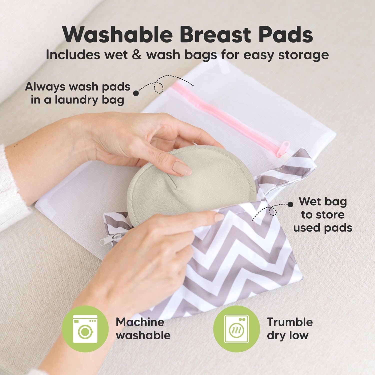 Organic Nursing Pads, 14 Washable Breast Pads,Wash Bag (Neutrals, L 5")