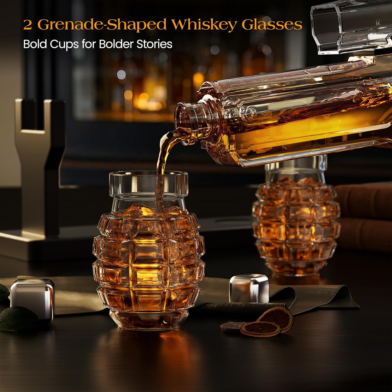 Kollea Cool Whiskey Decanter Gift Set with 2 Grenade Glasses