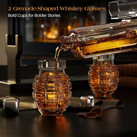 Kollea Cool Whiskey Decanter Gift Set with 2 Grenade Glasses