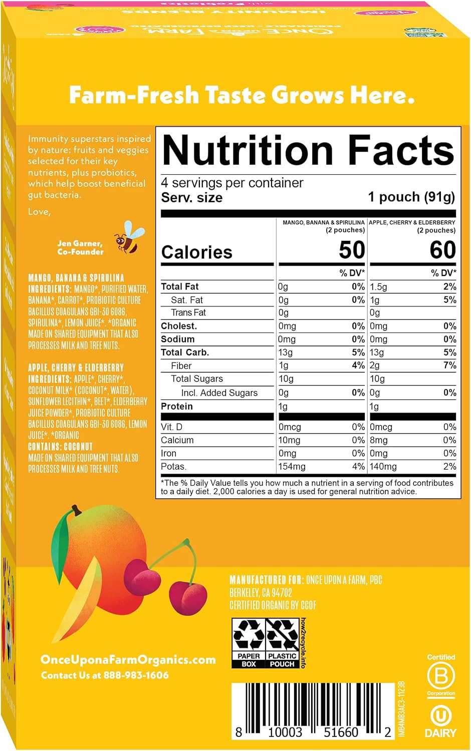 Once Upon a Farm Organic Immunity Blend Mango, Banana & Spirulina and Apple, Cherry & Elderberry Pouch Multipack, 4-3.2oz