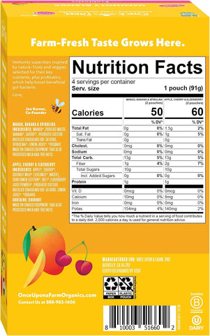 Once Upon a Farm Organic Immunity Blend Mango, Banana & Spirulina and Apple, Cherry & Elderberry Pouch Multipack, 4-3.2oz