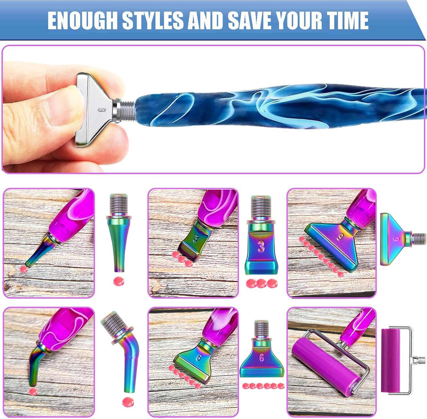 Diamond Art Pens Tools Diamond Painting Pen Accessories Kits with Screw Metal Tip Roller Drill Bead Dot Pens for Art Craft Nail (Blue Pen Silver 6)