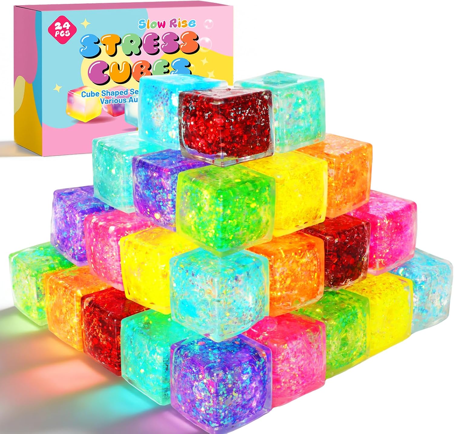 24 Pack Slow Rising Cube Squishy Stress Balls，Stress Cube for Adult