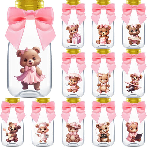 Ethisa Small 12 Pack We Can Bearly Wait Party Favors for Girl - Candy Jars with Ribbon and Stickers - DIY Party Decoration Bottles for Baby Shower and Gender Reveal - Pink Teddy Bear Table Centerpiece