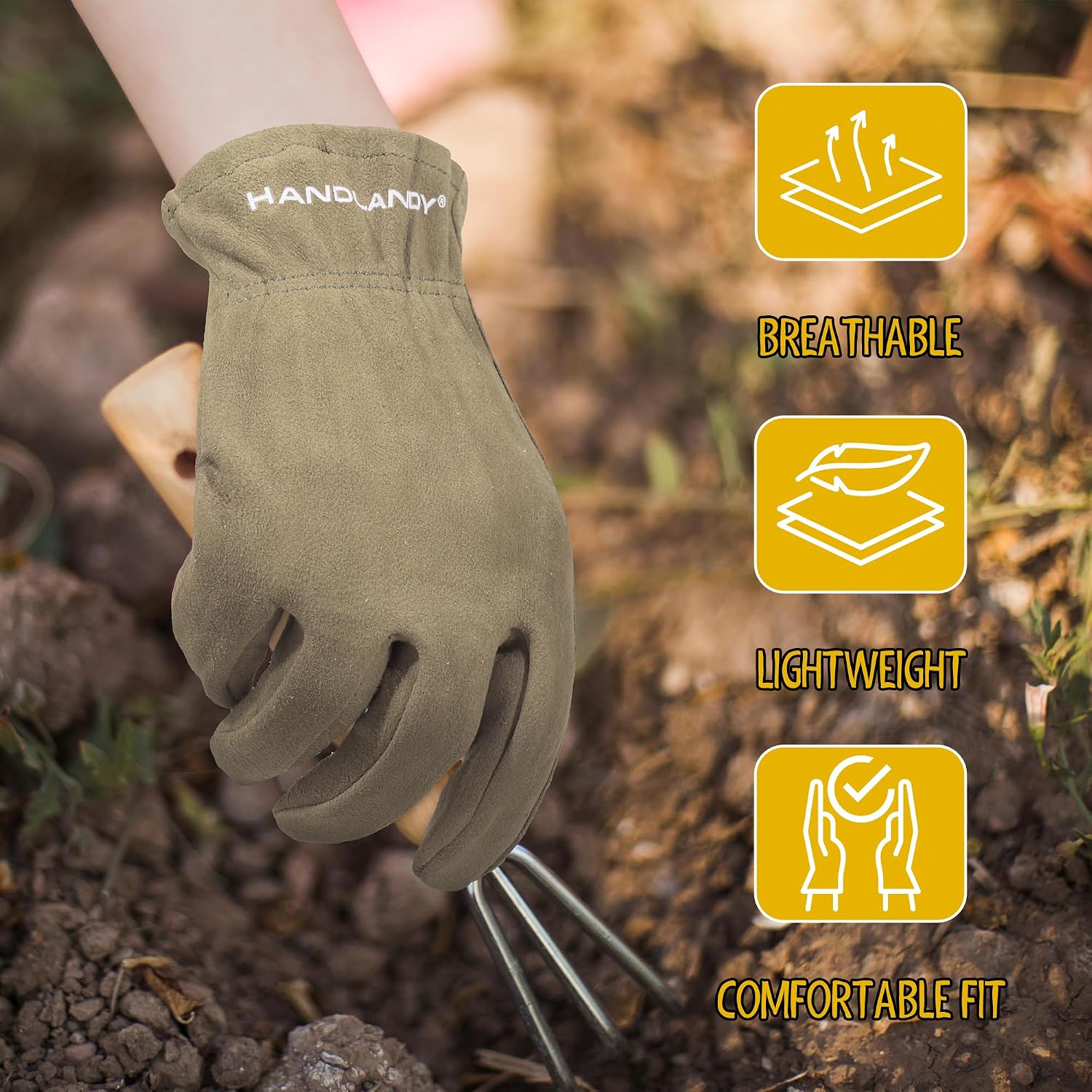 HANDLANDY Kids Leather Gardening Gloves, Kid Work Gloves, Khaki, L