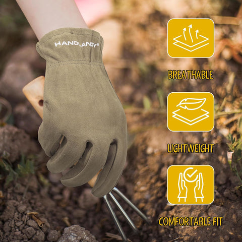 HANDLANDY Kids Leather Gardening Gloves, Kid Work Gloves, Khaki, L