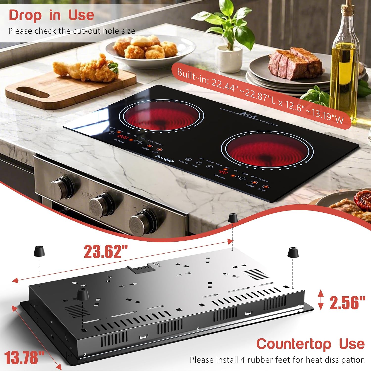 2 Burner Electric Cooktop Total Shard Power 2000W 110v