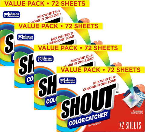 Shout Color Catcher Sheets for Laundry, Allow Mixed Washes, Prevents Color Runs and Maintains Original Clothing, 72 Count - Pack of 4 (288 Total Sheets)