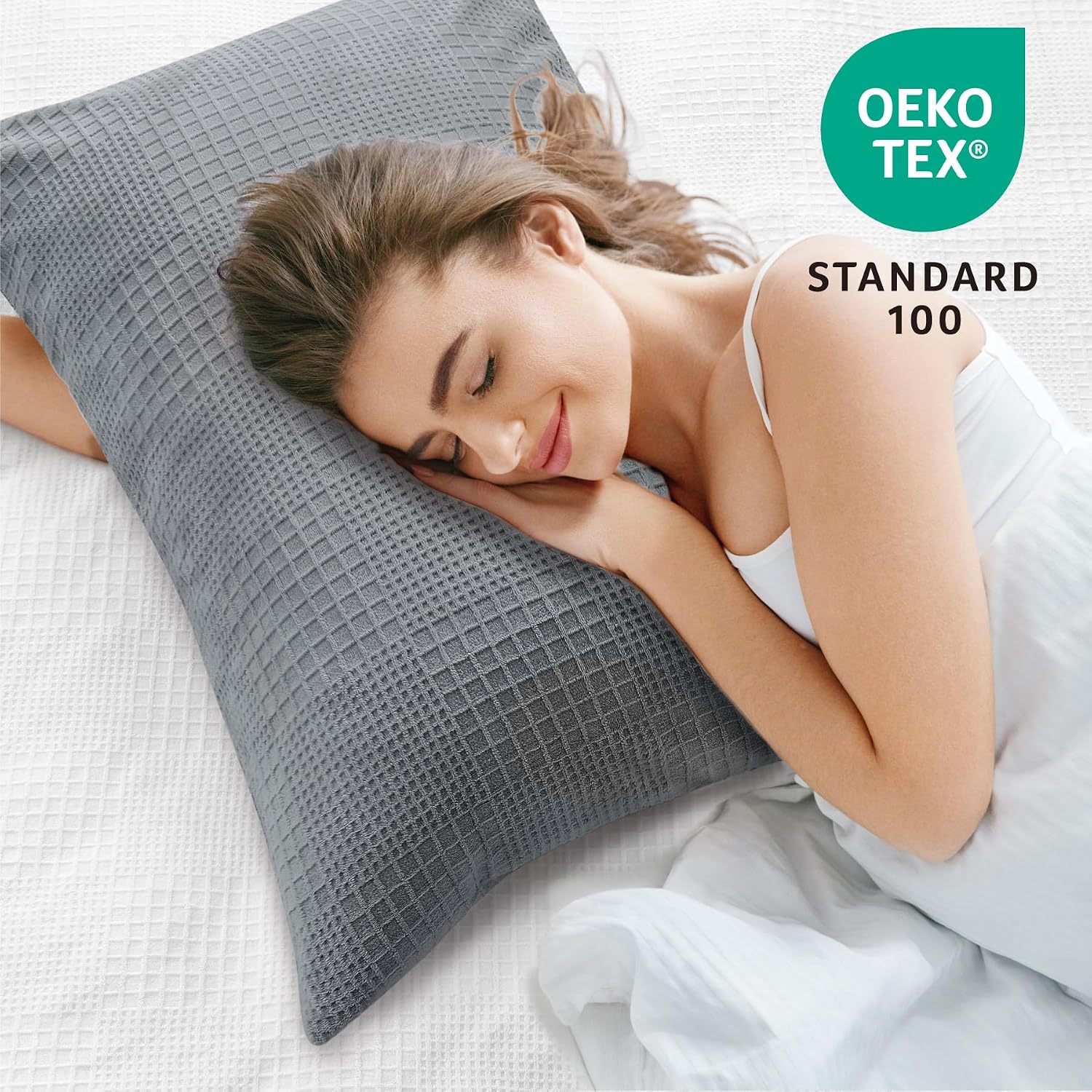 BEDELITE Flannel Pillowcases Standard Set of 2, Grey-Waffle, 20x26 Inches
