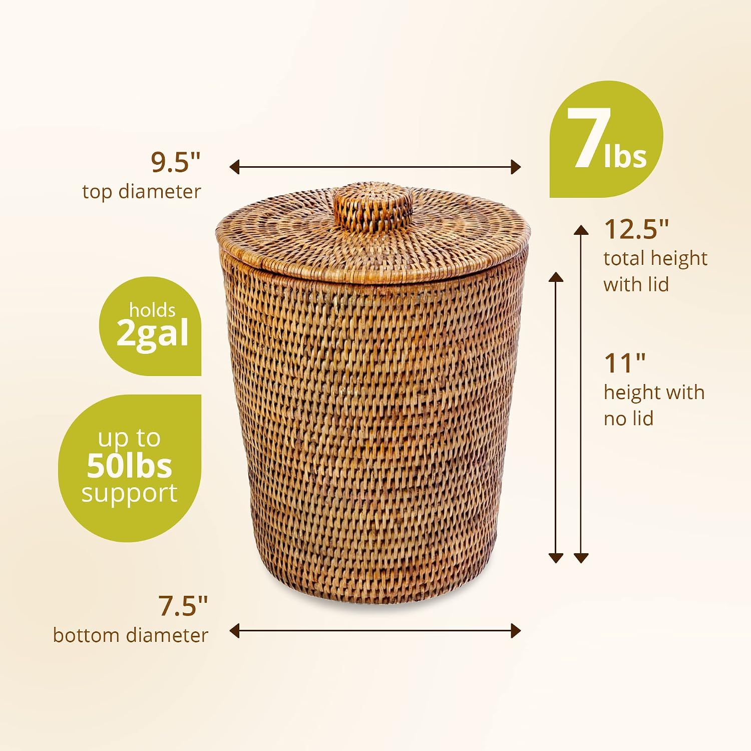 KOUBOO La Jolla Rattan Round Waste Basket With Lid & Plastic Insert, 2 Gallon Woven Wastebasket for Bathroom, Kitchen, Office, Living Room, & Home Decor, Honey Brown