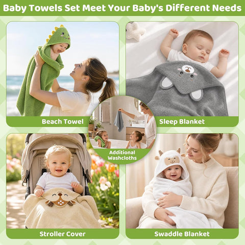 12 PCS Baby Bath Towels Set for Infants Toddlers Essentials (Deep Green, White, Grey, Brown)