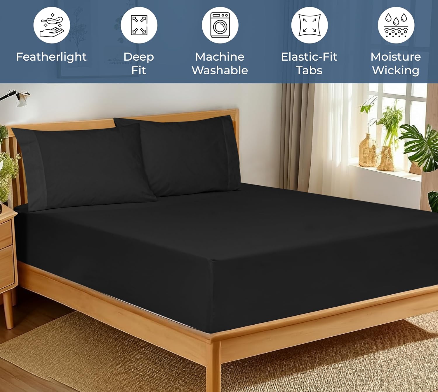 Royale Linens 100% Organic Cotton Fitted Sheet - Percale Weave - Super Soft Deep Pocket Bottom Sheets - Black Elastic Sheet Twin Size - Twin Fitted Sheets Only - (39"x75"+15", Black)