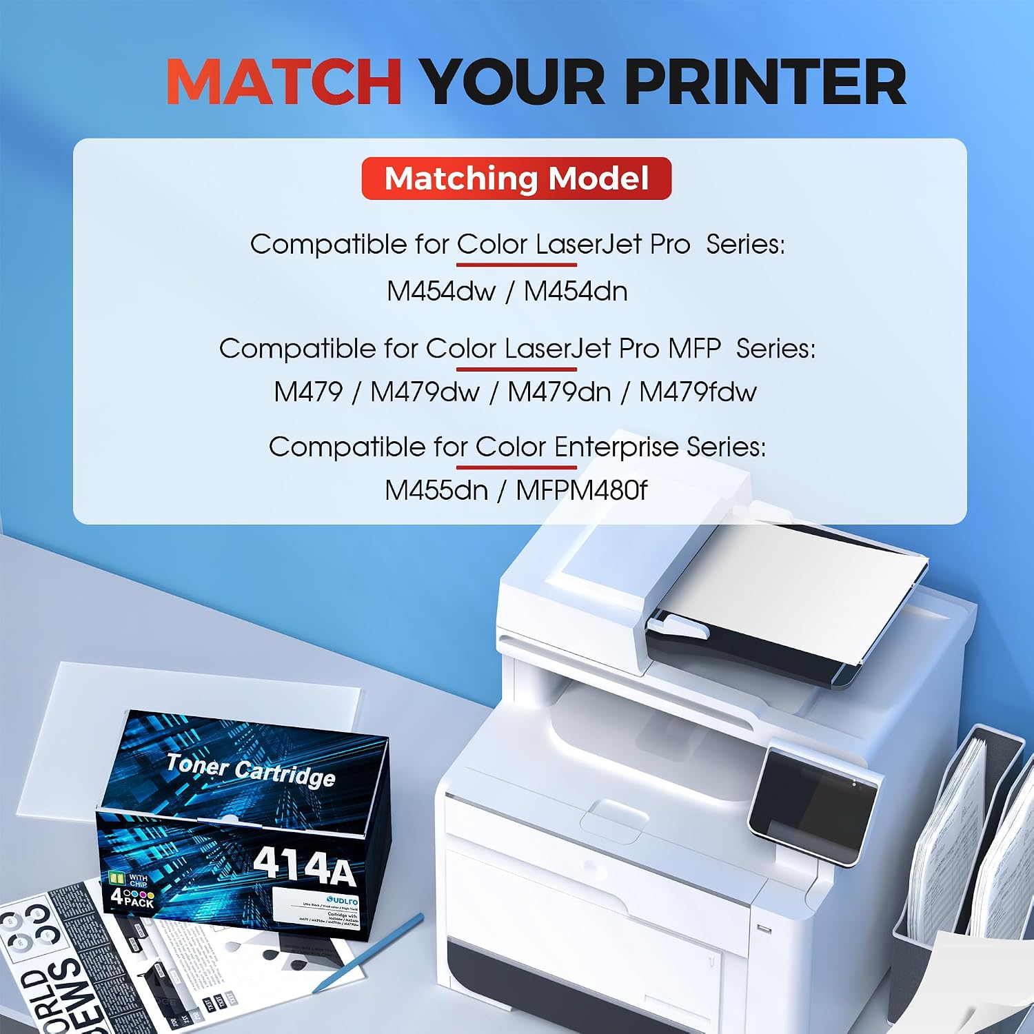 414A Toner Cartridges 4 Pack (with Chip) Replacement for HP M479fdw Toner cartridges 414X 414A Black Toner Cartridge to use with HP Color LaserJet Pro MFP M479fdw M479fdn M454dw M454dn Printer