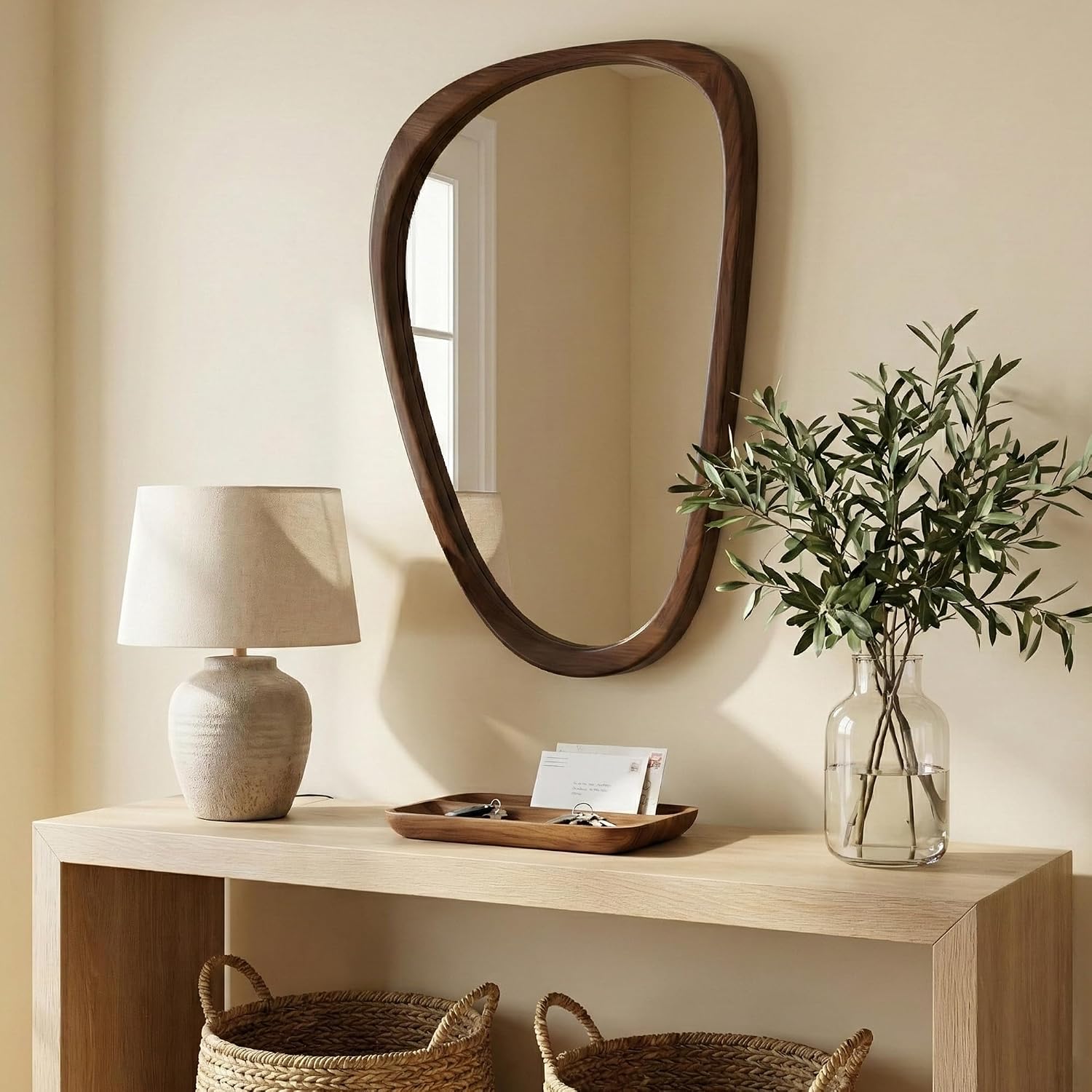 Solid Wood 30"x20" Dark Walnut Organic Irregular Wall Mirror Decor