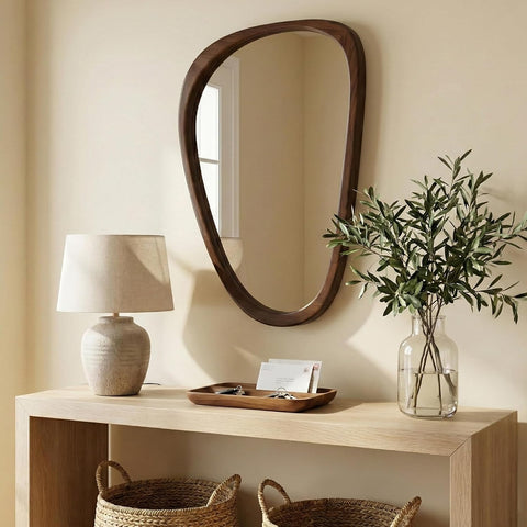Solid Wood 30"x20" Dark Walnut Organic Irregular Wall Mirror Decor