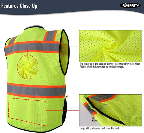 JKSafety Hi-Vis Unisex Surveyor Safety Vest Heavy Duty PPE Inner Pockets ANSI/ISEA Compliant