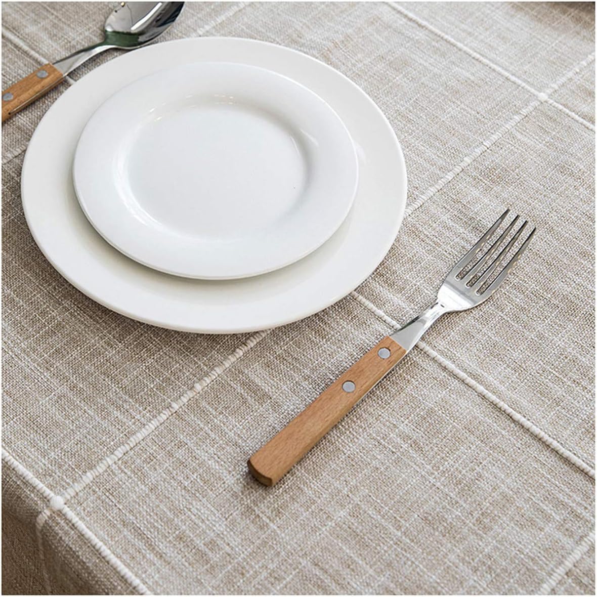 Round Tassel Plaid Tablecloth, Heavy Weight Cotton Linen Fabric Table Cover for Kitchen Dining Tabletop Decoration, Beige, 62" Round