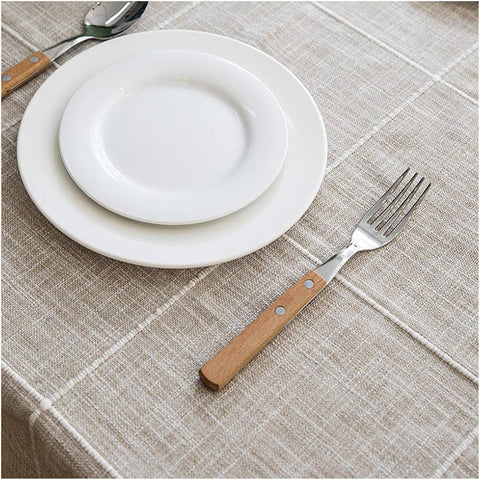 Round Tassel Plaid Tablecloth, Heavy Weight Cotton Linen Fabric Table Cover for Kitchen Dining Tabletop Decoration, Beige, 62" Round