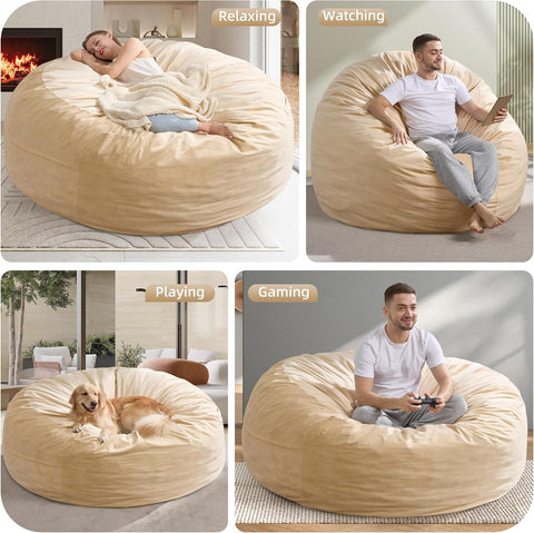 Hobestluk Bean Bag Chair 5ft Giant BeanBag Velvet Fabric XX-Large Khaki