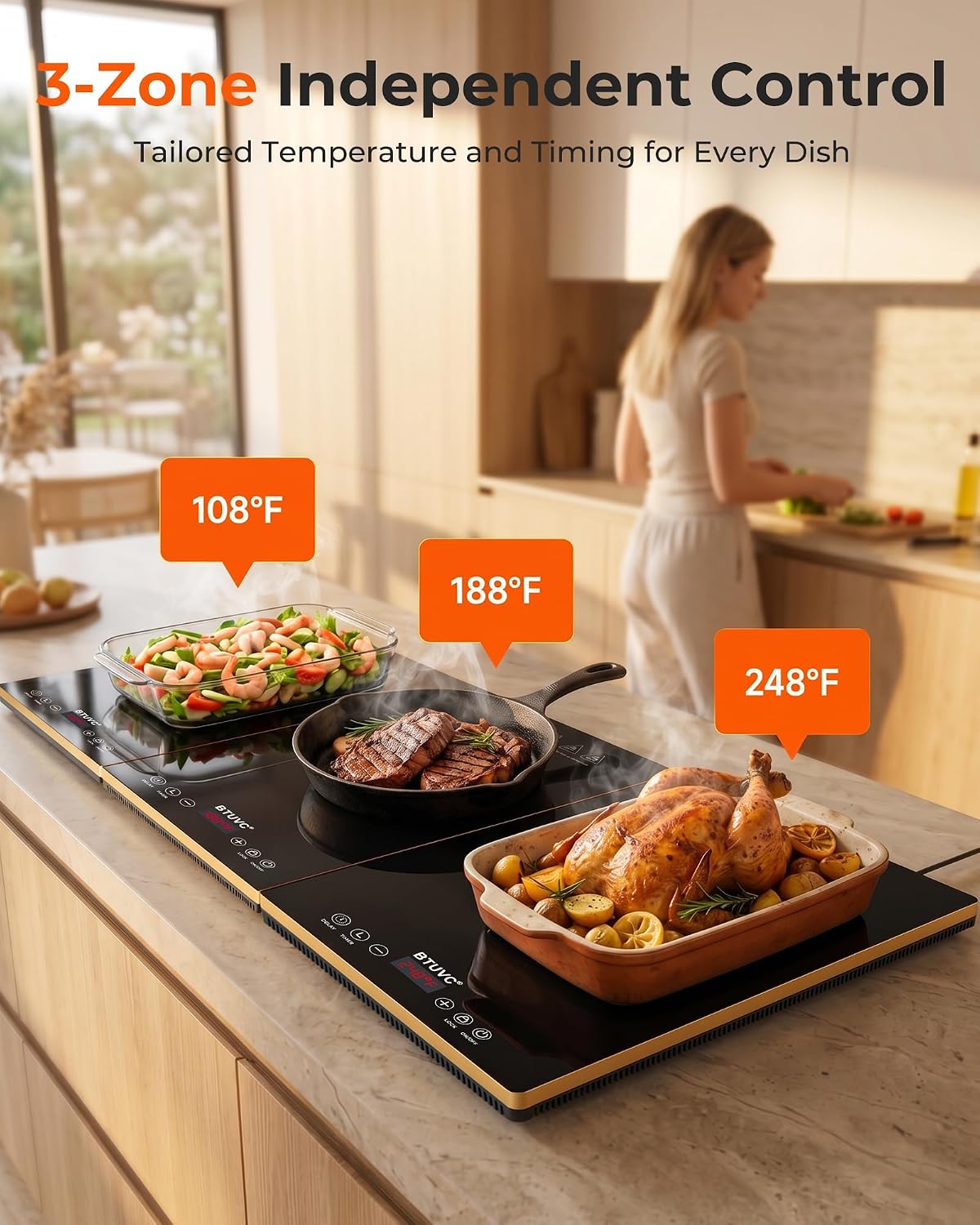 Electric Warming Trays For Buffets Party,3-in-1 Modular Food Warmers For Parties Buffet with Independent Temp Control,36'' x 16" Black & Gold Glass Warming Mat For Food Gatherings,Catering