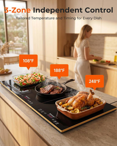 Electric Warming Trays For Buffets Party,3-in-1 Modular Food Warmers For Parties Buffet with Independent Temp Control,36'' x 16" Black & Gold Glass Warming Mat For Food Gatherings,Catering