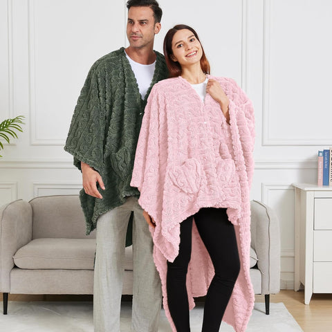 Wearable Blanket Poncho Cape Wrap for Adult, Cozy Sherpa Fleece Pocketed Shawl TV Throw Blankets for Office and Lounge,Pink