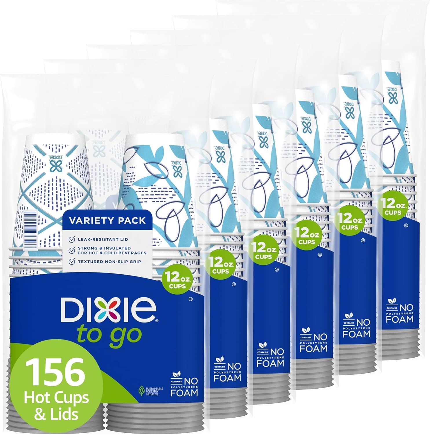 Dixie To Go Paper Coffee Cups With Lids, 12 oz, 156 Count (6 packs of 26 cups), Disposable Insulated Paper Cups for On-The-Go Hot or Cold Beverages