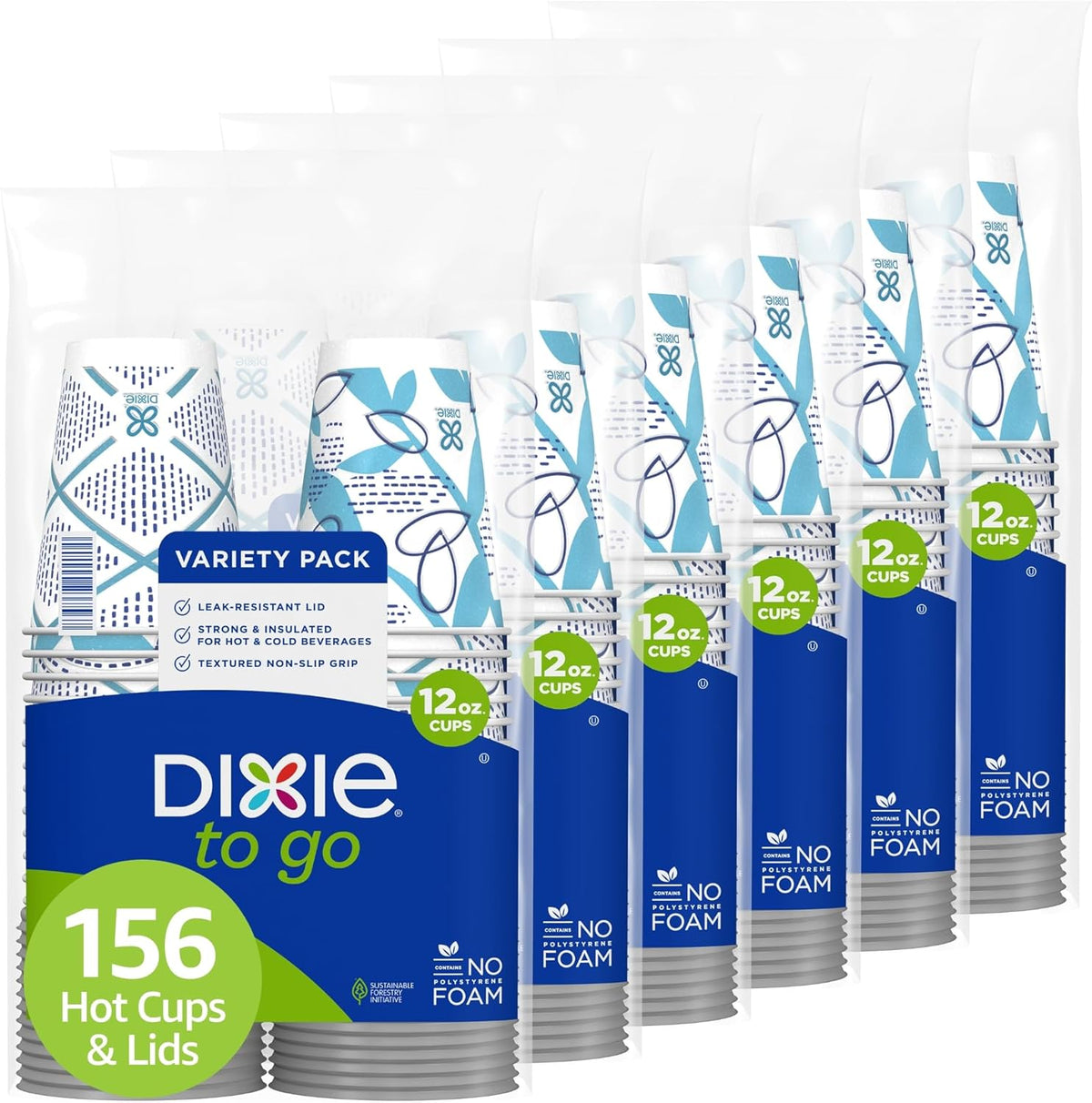 Dixie To Go Paper Coffee Cups With Lids, 12 oz, 156 Count (6 packs of 26 cups), Disposable Insulated Paper Cups for On-The-Go Hot or Cold Beverages