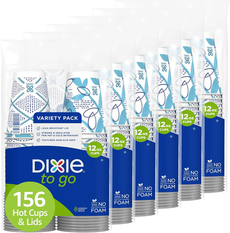 Dixie To Go Paper Coffee Cups With Lids, 12 oz, 156 Count (6 packs of 26 cups), Disposable Insulated Paper Cups for On-The-Go Hot or Cold Beverages