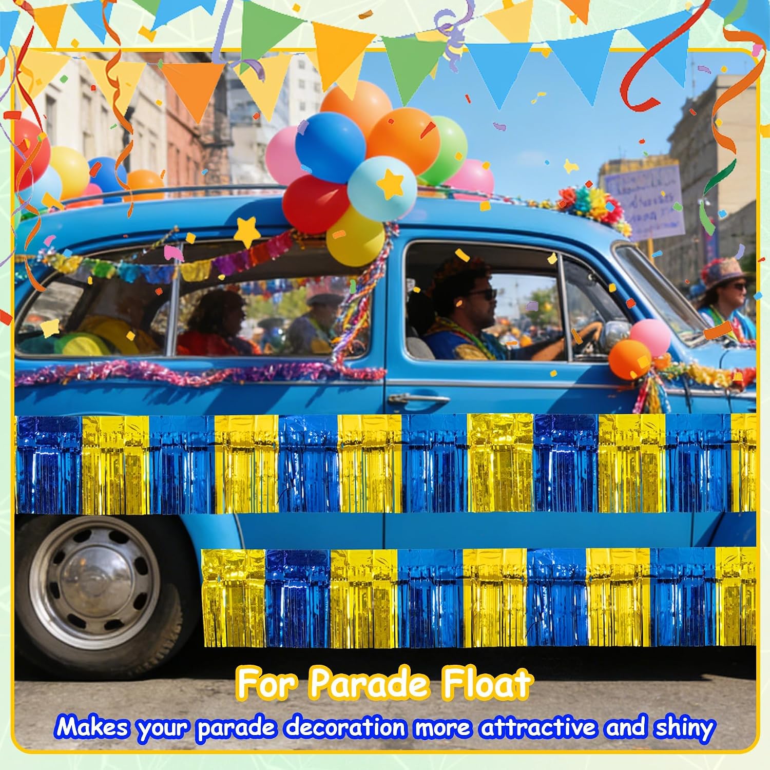 4 Pack 10 Feet Graduation Parade Floats Foil, Royal Blue Gold Fringe Garland Tinsel Streamers Banner Fringe Curtain Banner for Graduation Homecoming Birthday Party Decorations (Royal Blue, Gold)