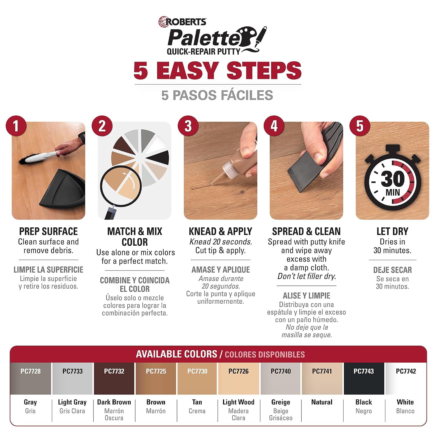 ROBERTS Palette Quick-Repair Putty for Wood, Laminate & Vinyl - Light Gray