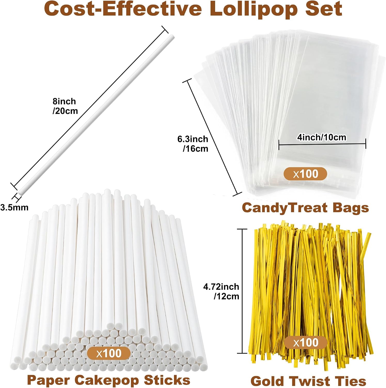 8 Inch Lollipop Sticks and Wrappers Kit, 300 Pcs for Large Cake Pop, Candy