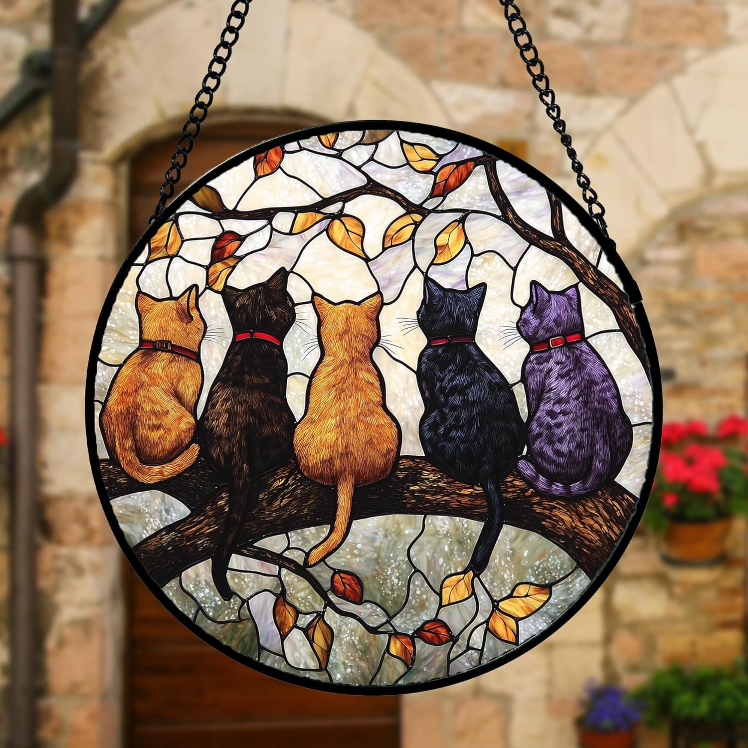 5 Cats on a Branch Stained Glass Window Hanging Suncatcher Gifts 6.3"