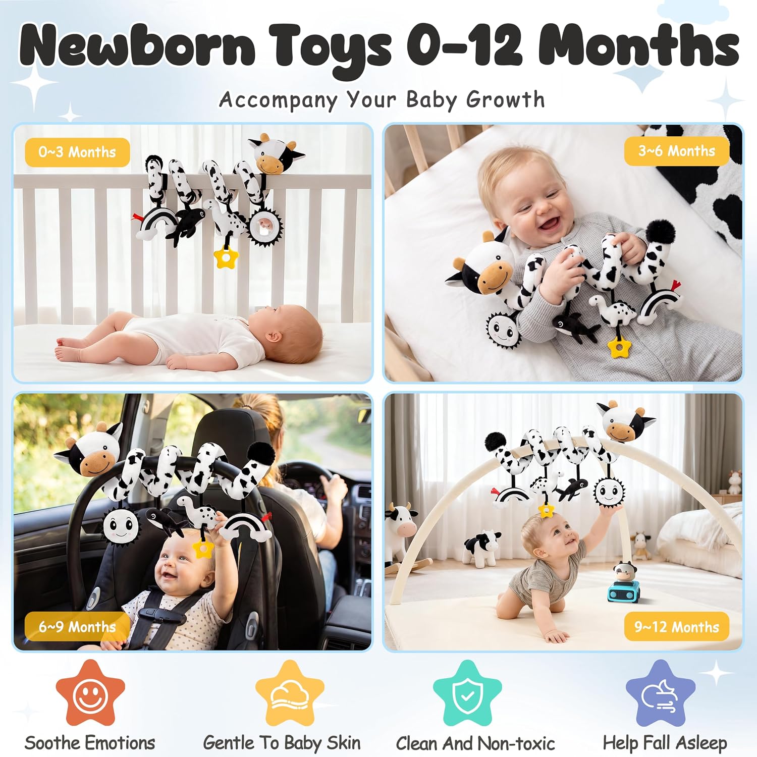 Spiral Car Seat Baby Toys 0-6 Months, Infant Carseat High Contrast Sensory Toys Hanging Stroller Accessories, Newborn Shower Gifts for Baby Boys Essentials Stuff, Cute Black and White Cow