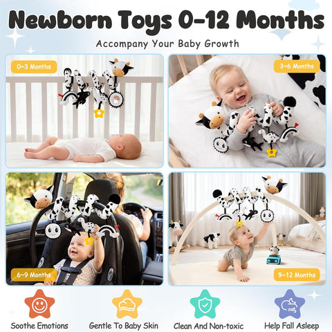 Spiral Car Seat Baby Toys 0-6 Months, Infant Carseat High Contrast Sensory Toys Hanging Stroller Accessories, Newborn Shower Gifts for Baby Boys Essentials Stuff, Cute Black and White Cow